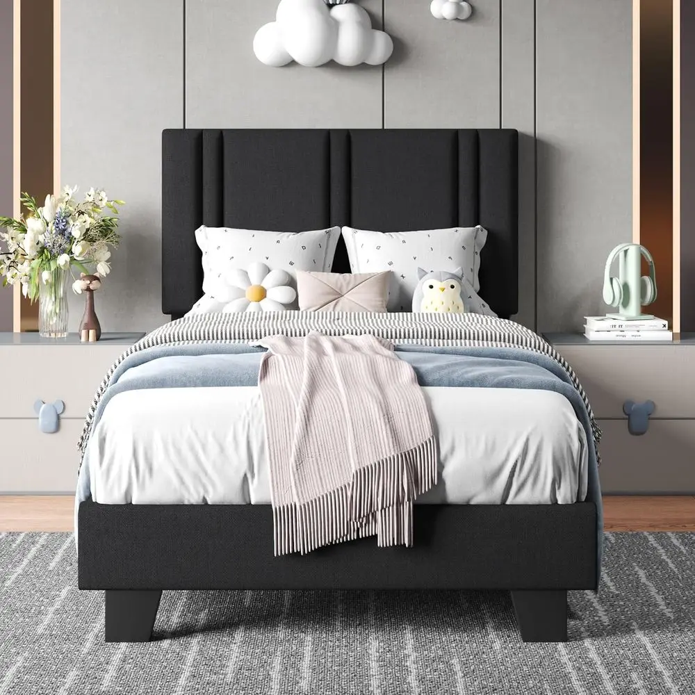 Twin Size Upholstered Bed Frame with Linen Headboard, Solid Wood Slats, Silent Operation, No Box Spring Required, Black
