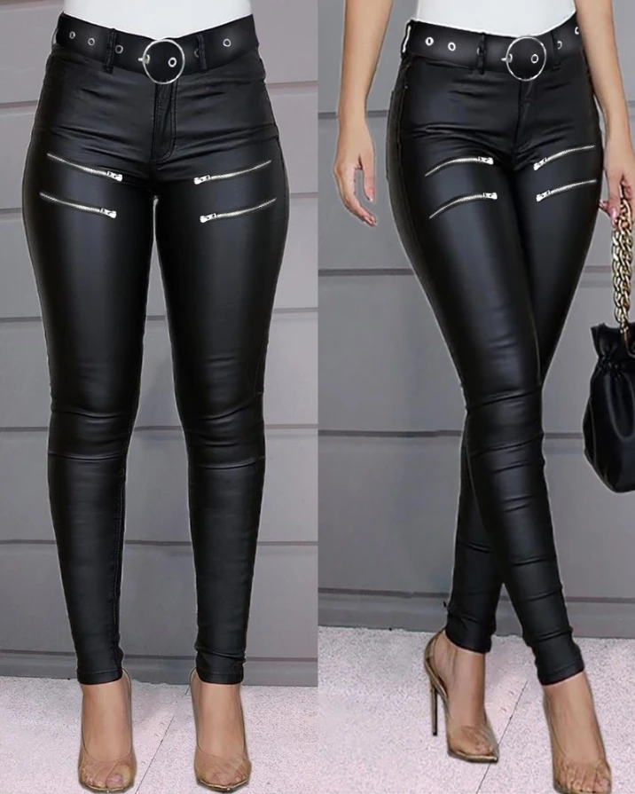 

Women's Long Pant 2023 Zipper Design High Waist Pu Leather Skinny Pants Autumn Winter All Match Pencil Leather Pants