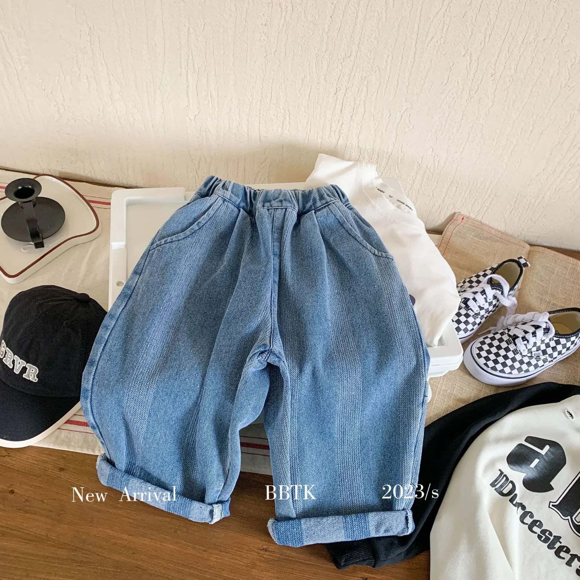 Kid Jeans Children Pants 2023 Autumn New Boys and Girls Korean Style Vertical Strip Jeans Loose Radish Pants Children Jeans