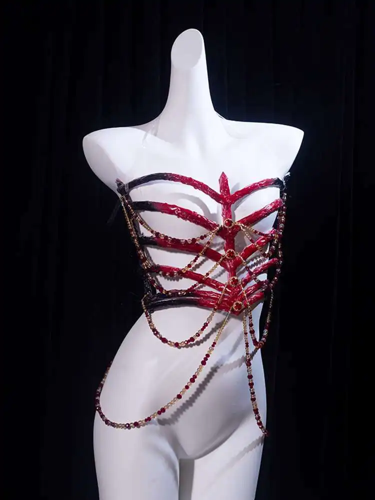 Scheletro di strega fatto a mano Internet Celebrity Performance dal vivo Gotico scuro Halloween Fotografia Costume Corsetto a gabbia a costine