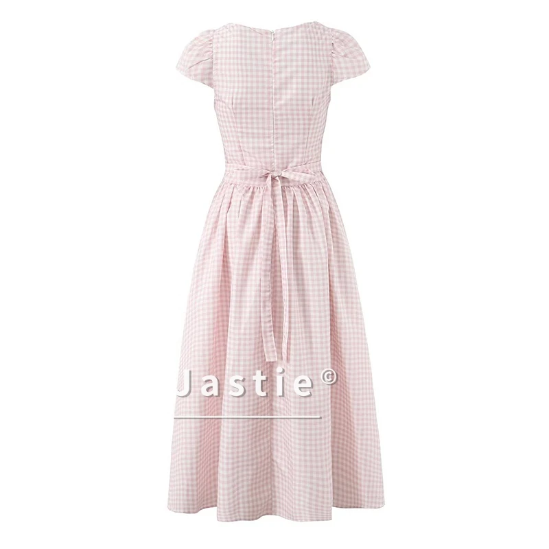 優しいエレガントなライトピンクの格子縞ドレス新しい 2026 美しい女の子フロントボタンサマーパーティードレスボヘミアンカジュアルビーチ女性 Vestido