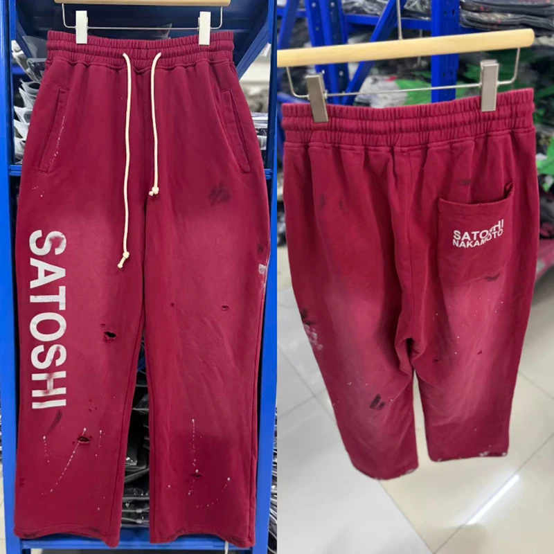 2026 New SATOSHI NAKAMOTO Men's Wide Leg Sweatpants Ripped Paint Splatter Letter Print Drawstring Street Trousers