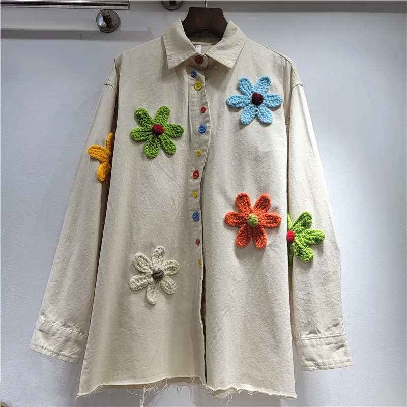 

SuperAen Spring and Autumn 2026 New Korean Design Embroidered Floral Denim Shirt Jacket for Women Fashion Loose and Casual Tops