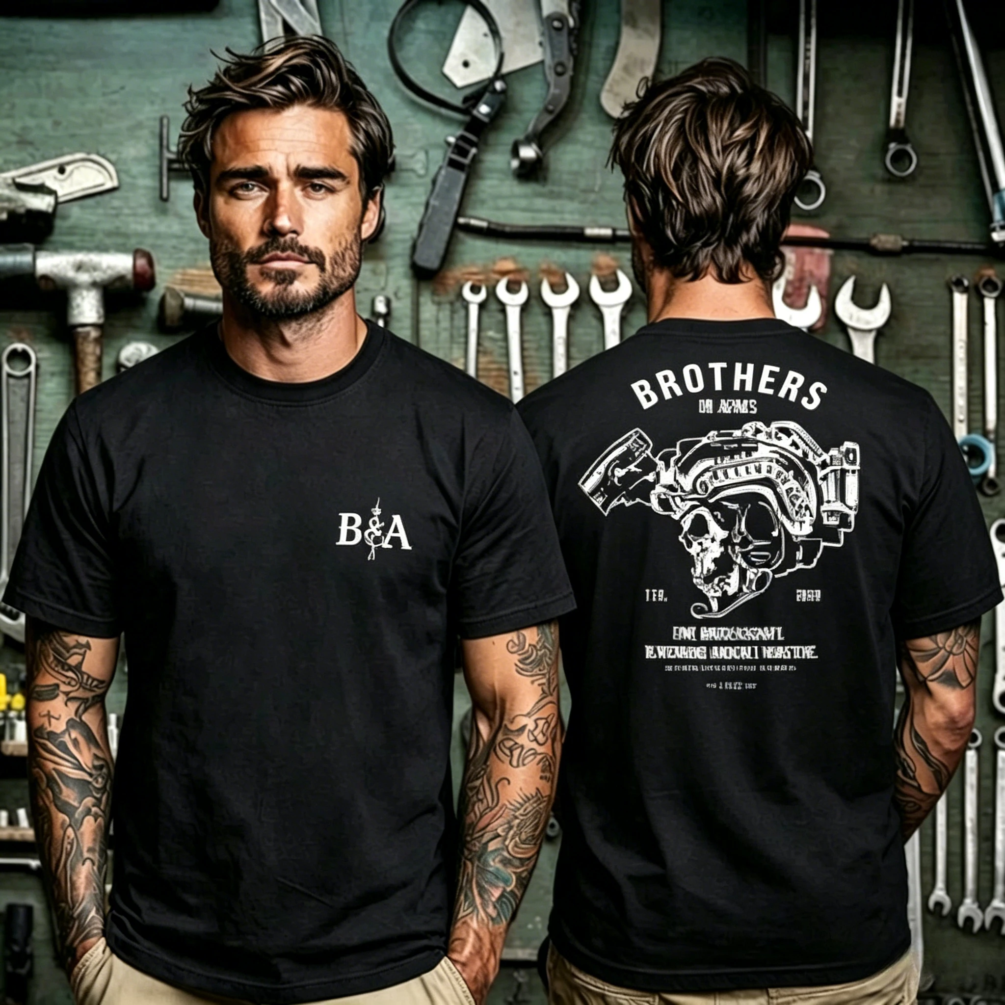 Vintage Skelett-Grafik Baumwoll-T-Shirt „Brothers in Arms Mechanic“-Print Retro Streetwear Lässiges Unisex Alltags-Oberteil – Detail 2