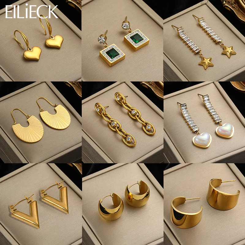 EILIECK 316L Stainless Steel Heart Scalloped Wide Hoop Earrings For Women Gold Color Earrings With Zirconia Crystals Jewlery