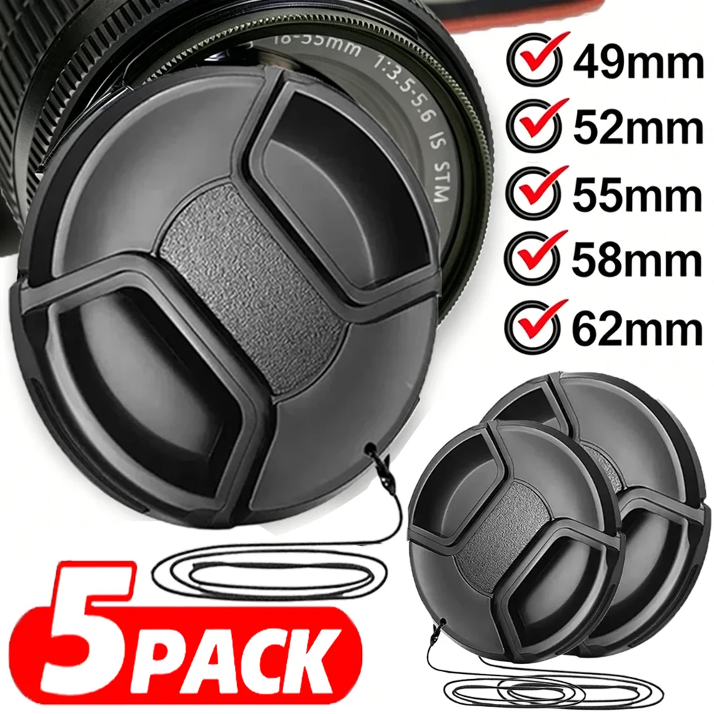 1-5Pcs Universal Camera Lens Cap with Hanging Strap for Canon Nikon Sony Fuji Olympus DSLR Camera Lenses Cover 49/52/55/58/62mm
