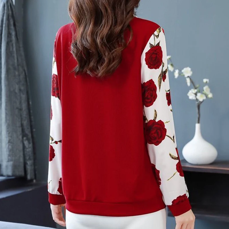 Spring and Autumn Elegant Fashion Shirt Women Trendy Vintage New Basic Office Lady Patchwork Long Sleeve Floral V Neck Slim Top