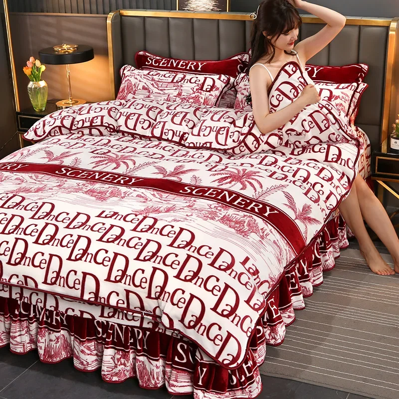 Bedding Set Luxury Winter Warm Thicken Milk Velvet Duvet Cover Bed Skirt Set Girls Flannel Orange Queen Comforter Bedding Sets