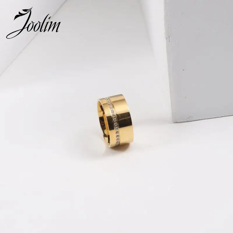 Joolim Jewelry High End PVD Wholesale Fashion Waterproof Thin Zircon Pave Wide Band Stainless Steel Ring For Women