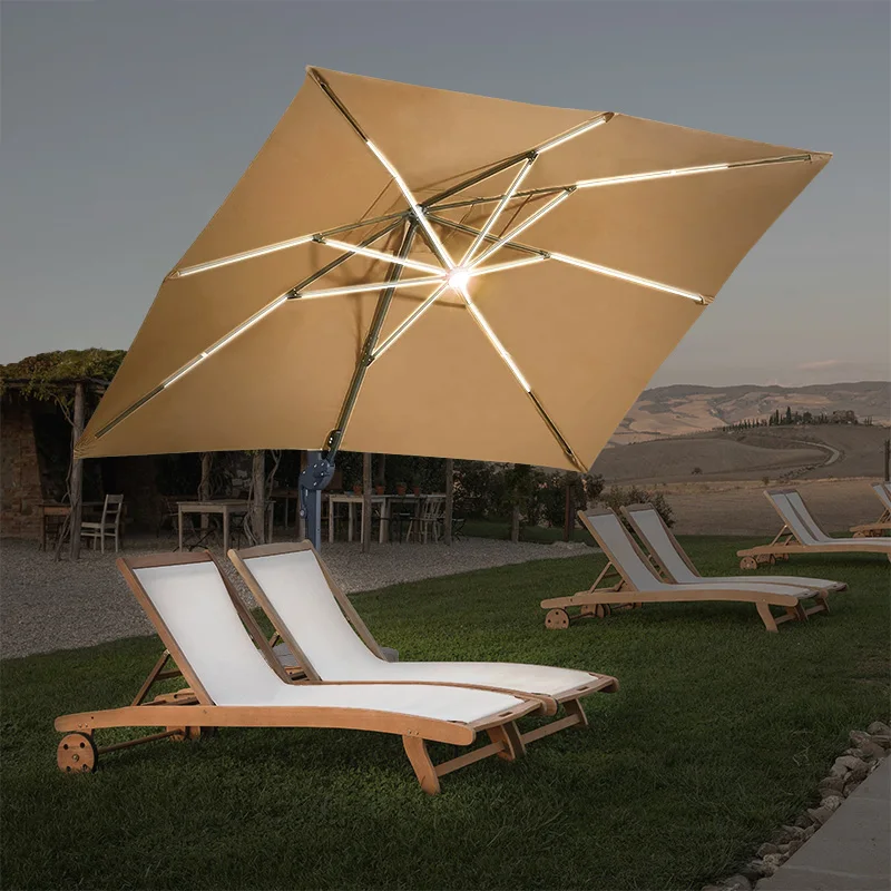 Outdoor parasol with solar lamp for use with patio umbrella and base