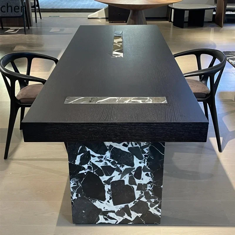 y8-T minimalist solid wood tea table simple marble tea table modern Internet celebrity black and white flower dining table