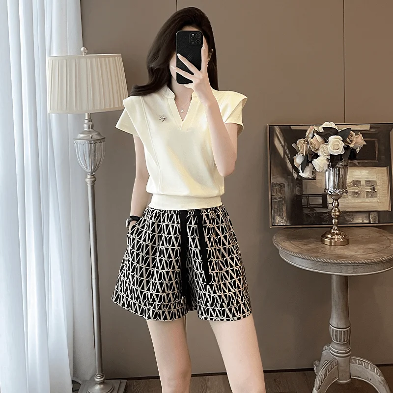 Short Sets for Women 2 Pieces Printing Black Tracksuit Woman Shorts Two-piece Clothing Trend 2025 with Jacket Tailoring Trends