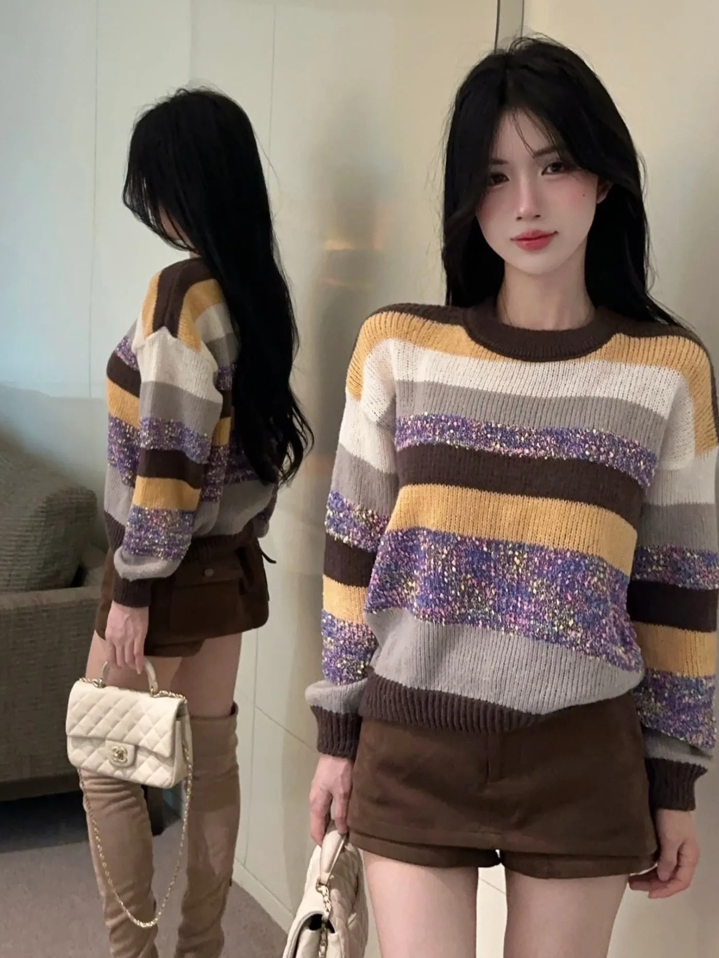 Sweet Retro round Ne Striped Knit Sweater Loose Casual Overhead Trendy Girl's Faion Straight Tube Long Sve Winter Top