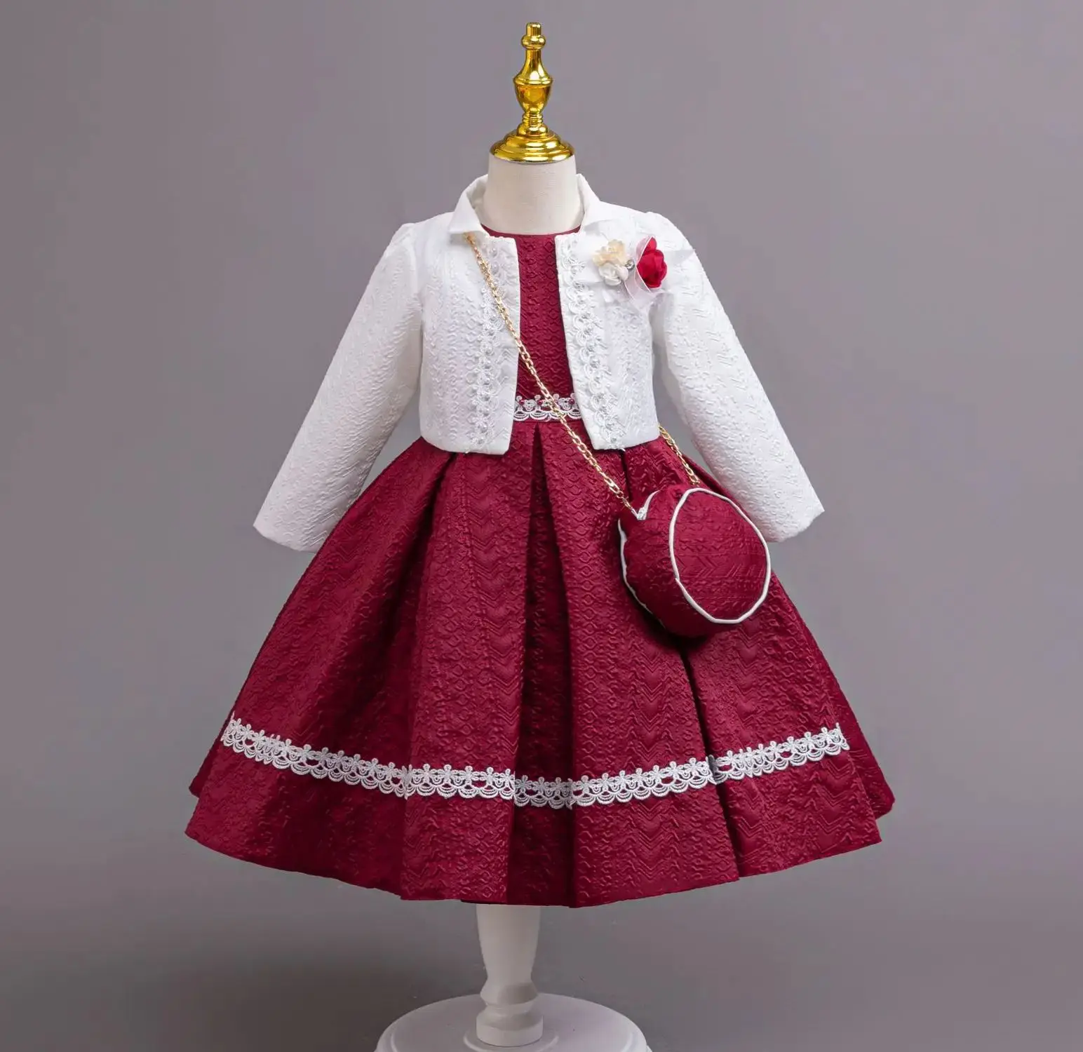 

New Girls Christmas Party Dresses with Elegant Bag Girl Holiday Dress 3 PC Set Long Sleeve Kids' Clothes 3 to 8 Years