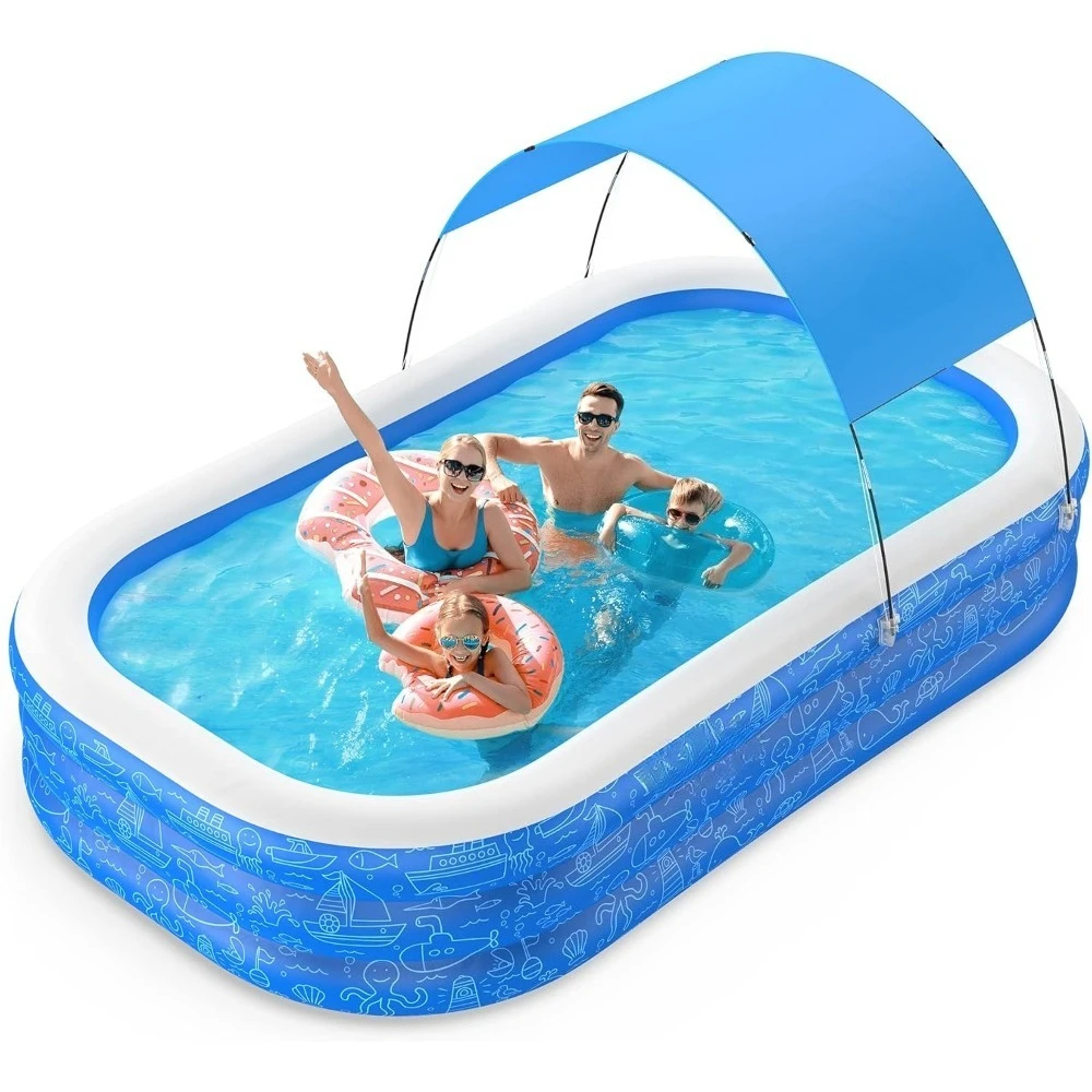 

Large Inflatable Swimming Pool with Canopy, Inflatable Pool for Kids & Adults,Pool with Sun Shade, Blow Up Pool for Backyard