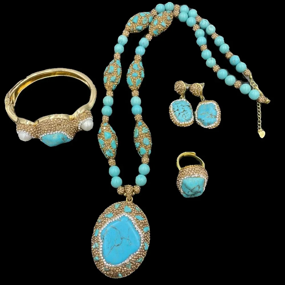 

Natural Freshwater Pearl Blue Turquoise Turkish Jewelry Women Gemstone Crystal Necklace Ring Earring Set Party Dress Acces