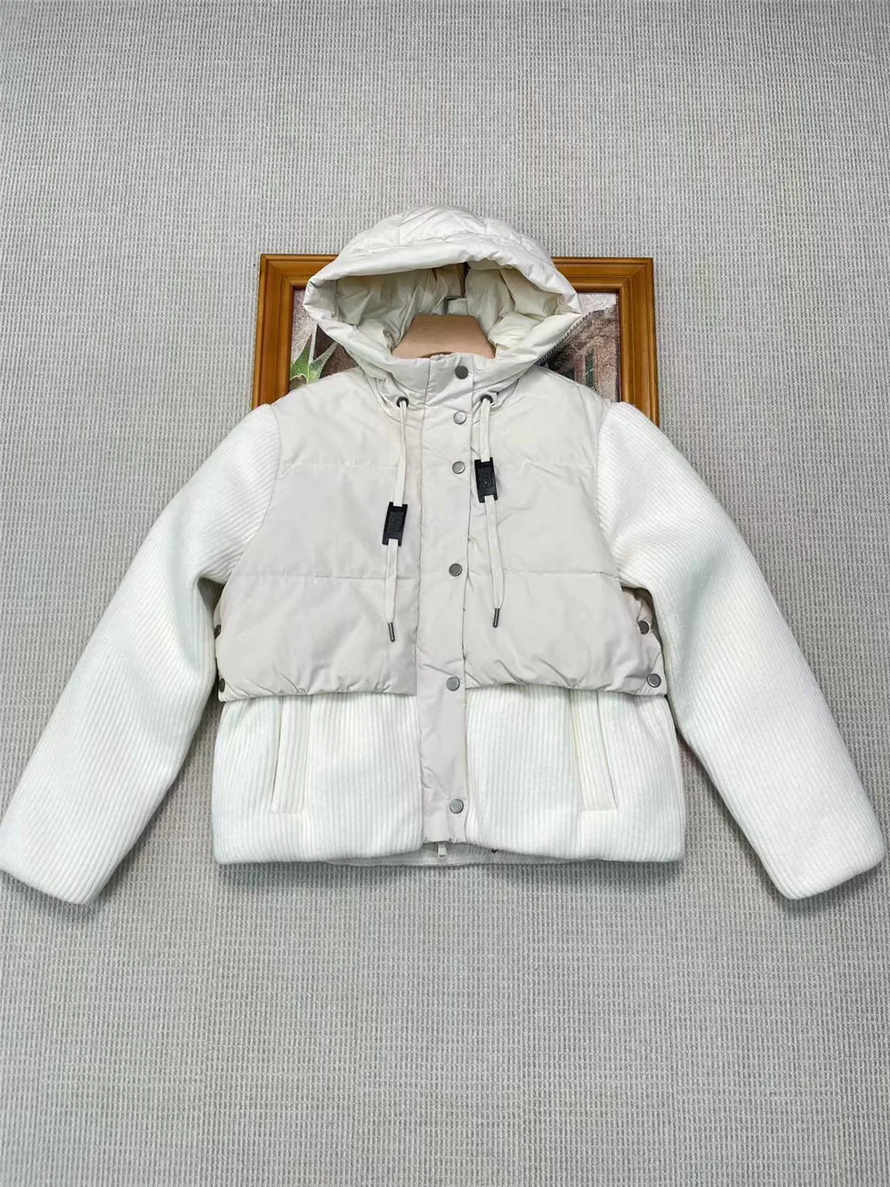 Winter Women's White Goose Down Jacket Thickened Wool Patchwork Hooded Feather Coat