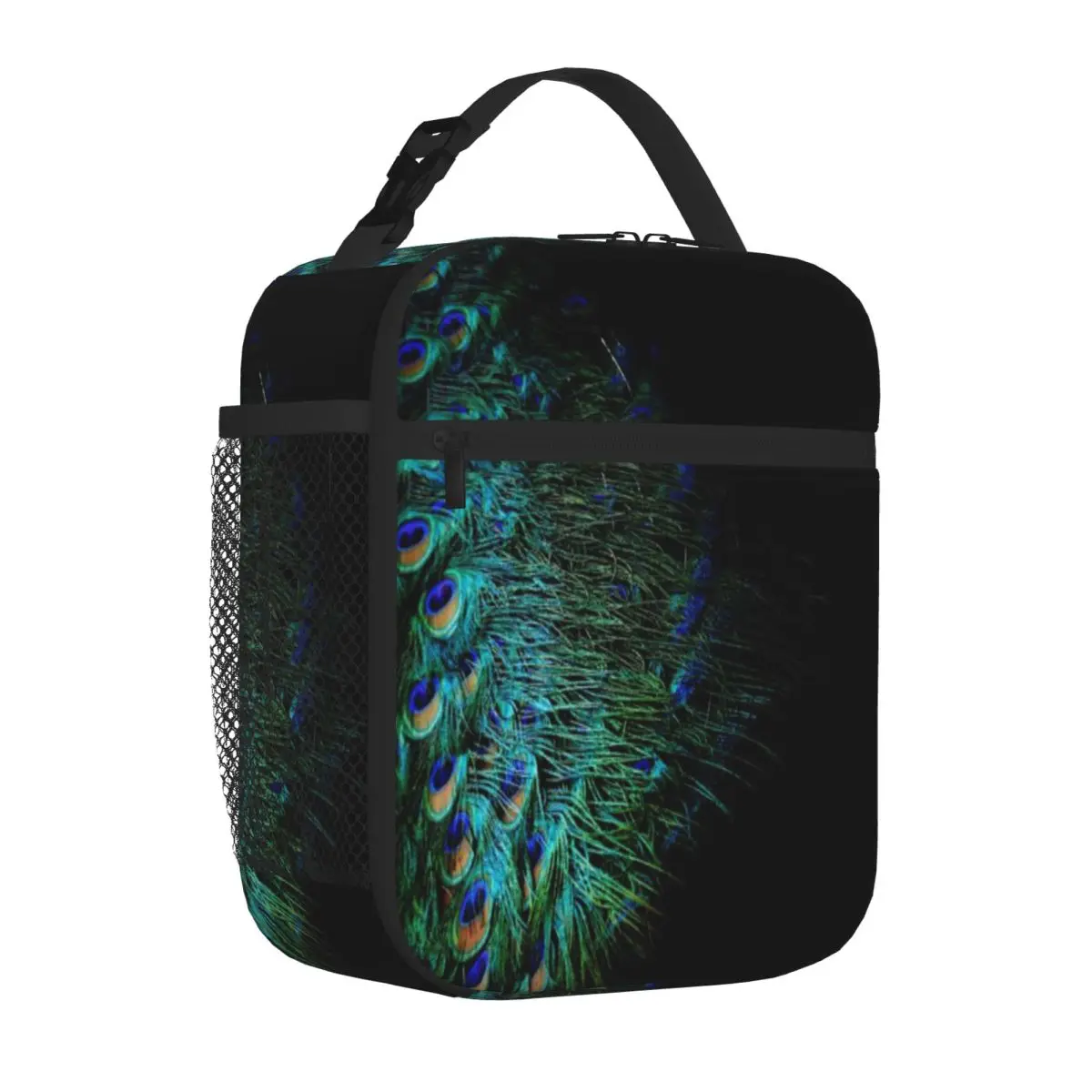 Hot Sale Peacock Feathers On A Black Background Modern Travel Lunch Bag Business Commute Canvas Lunch Bag
