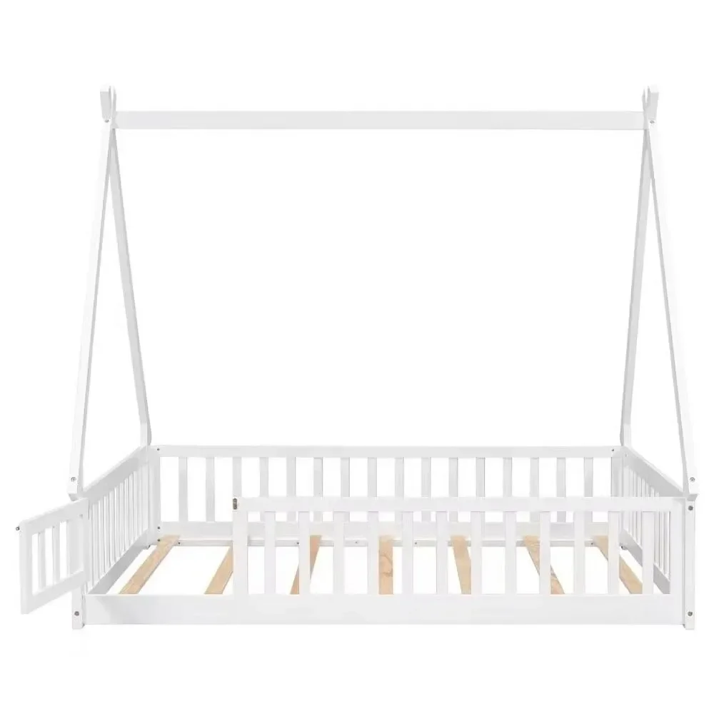 

Modern Full Size Tent-Shaped Floor Bed with Guardrails, Slats and Door, Wood House Bed Teepee Beds Frame with Triangle Structure