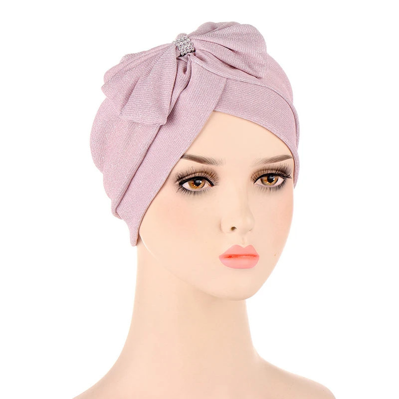 Simple Bright Bowknot Turban Forehead Glitter Cross Female Head Wraps Muslim Headscarf Bonnet Islamic Headwear