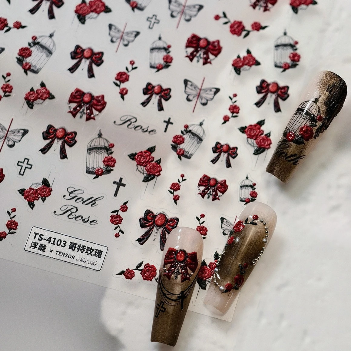 

Gothic Red Rose Flower Butterfly Bowknot Dark romantic Cross Birdcage Self Adhesive Nail Art Stickers Manicure Decals Wholesale