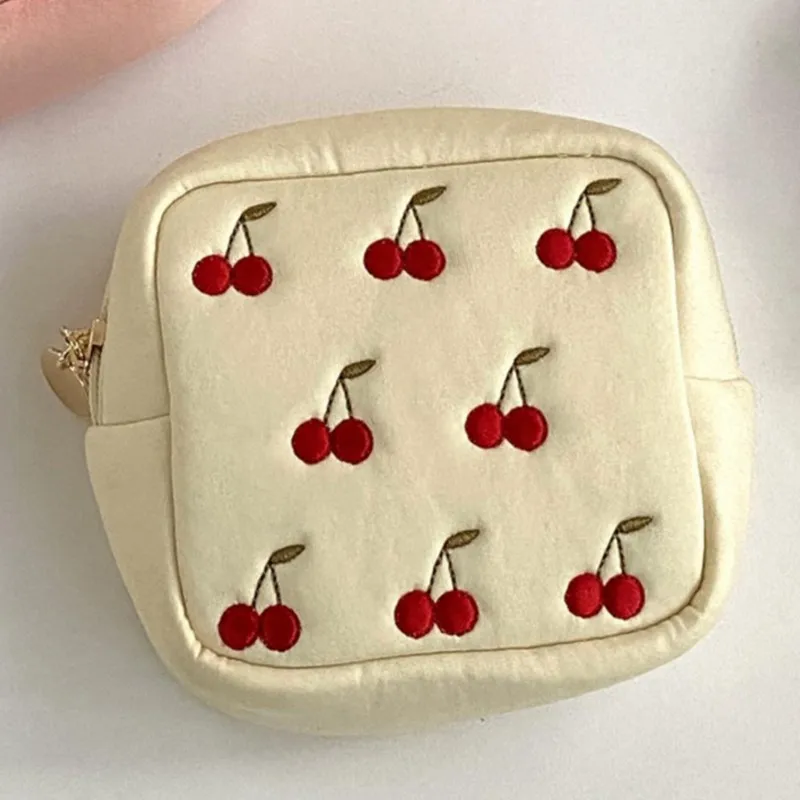 Cherry Embroidery Coin Purse PU Leather Trend Short Zipper Wallet Women Cute Mini Wallet Student Simple Fashion Wallets 2024