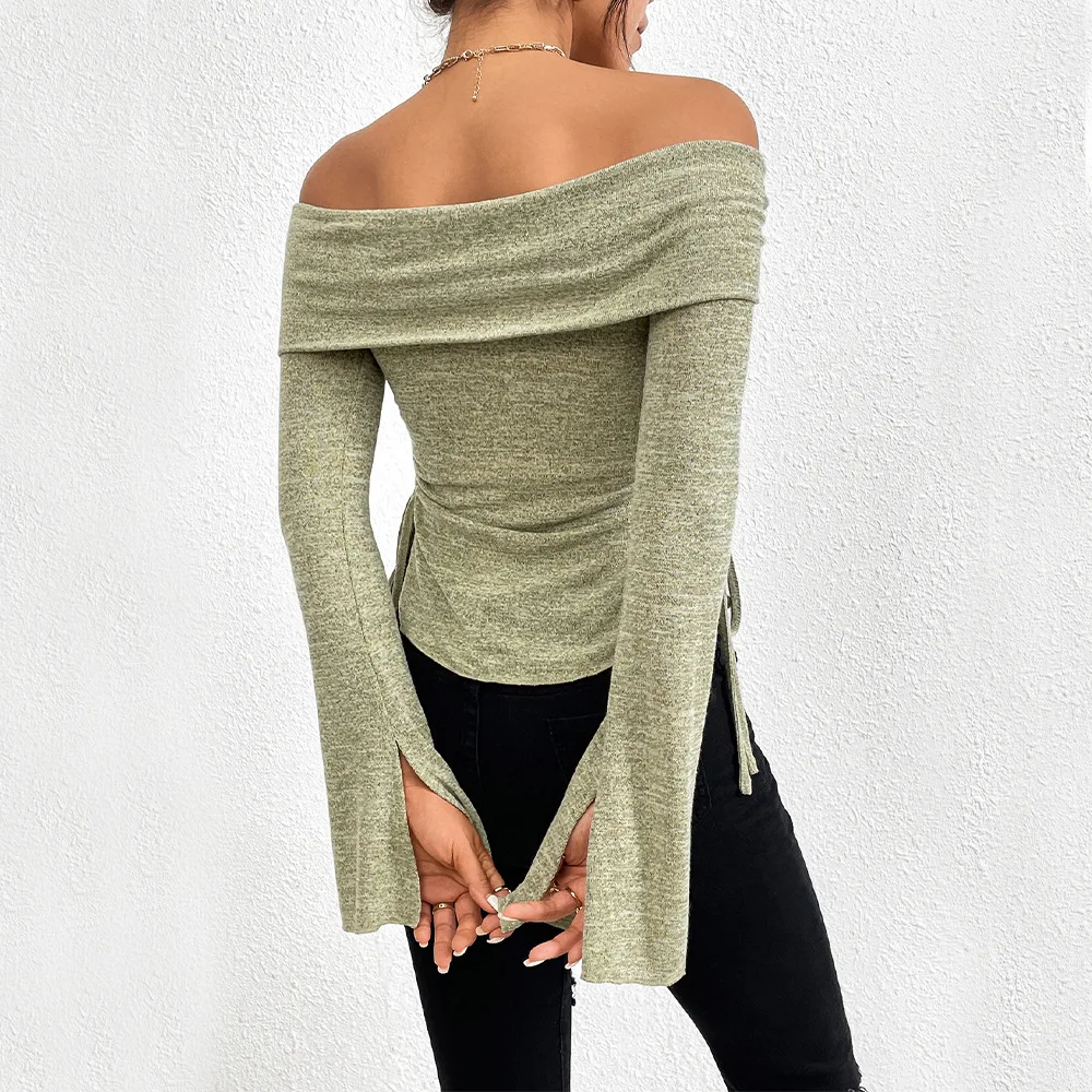 Women Autumn Winter Off Shoulder Split Flare Sleeve Long Sleeve Knit T Shirt Top