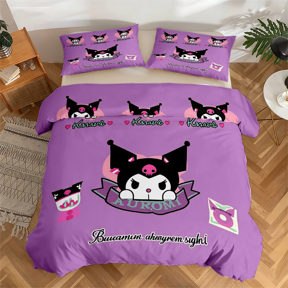 3-Piece High-Definition Digital Print Bedding Set, Large Floral Pattern Quilt Cover Set with Kuromi Print, Includes 1 Quilt Cover + 2 Pillowcases, Suitable for Bedroom, Guest Room, Home Decoration, Polyester Fiber Quilt Cover + Pillowcase, Ultra-Soft Bedding, Thick Fabric, Suitable for All Seasons, Machine Washable view 4