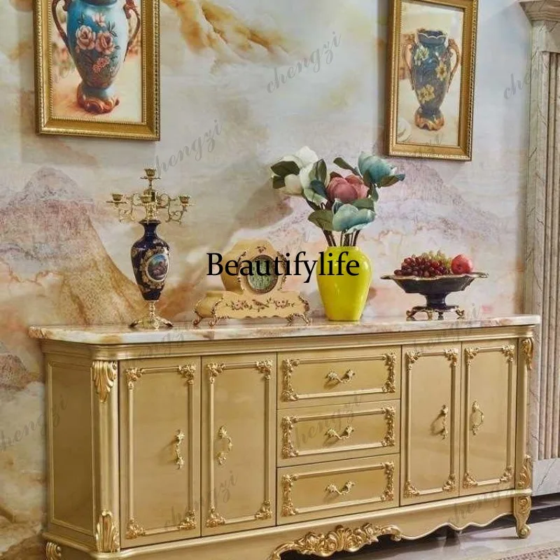 European marble living room golden tea solid wood carving flower wine cabinet large capacity storage storage