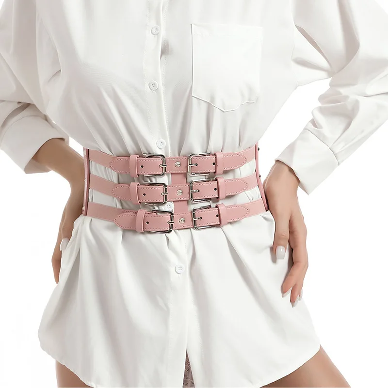 New three row buckle elastic wide waistband, punk style versatile, dark style, European and American style cross-border women's