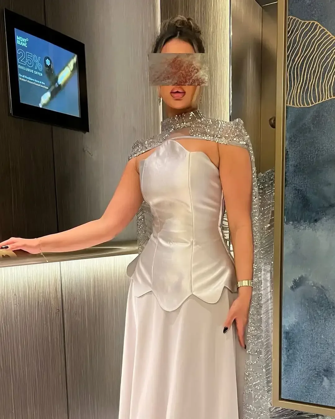 

Arabia Luxury Ivory Satin Evening Dresses High-Neck Sequin Cape With Strapless Fitted Gown For Gala Prom Dresses
