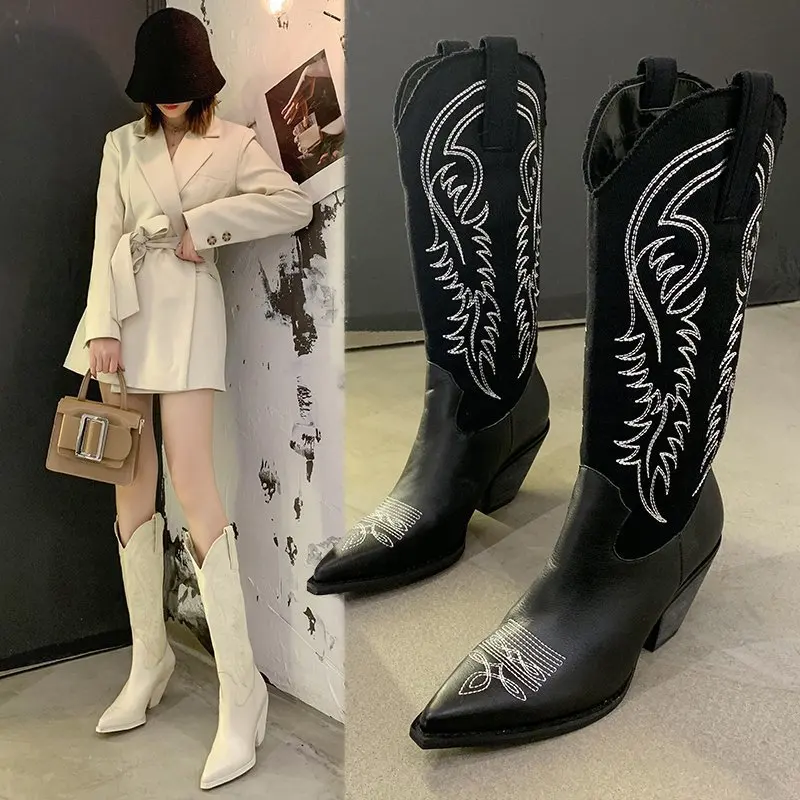 Fashion Embossed Microfiber Leather Women Boots Pointed Toe Western Cowboy Boots Woman New Knee-High Boots Chunky Wedges Ladies