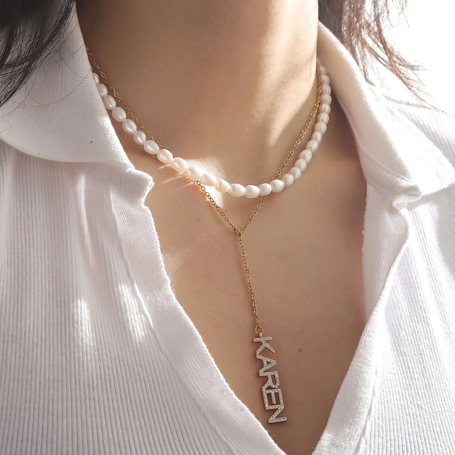 Personalized 18K Gold Double Chain Necklace Freshwater Pearl Vertical Name Pendant Sparkling Zircon Lariat Jewelry For Her