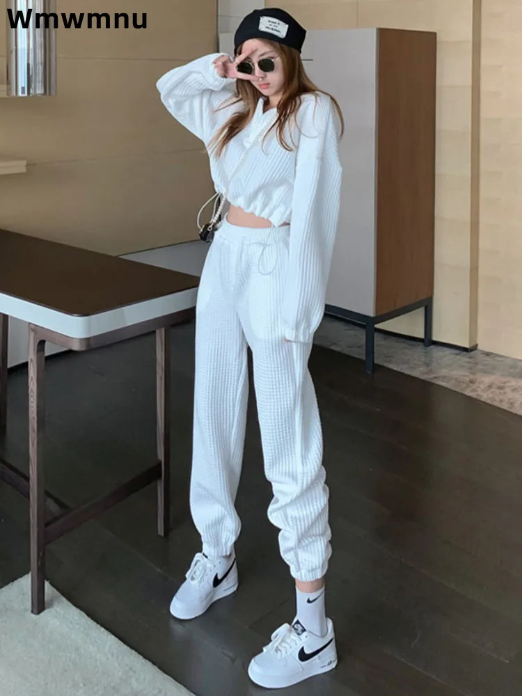 

High Waisted Short V-Neck Top Outfit Sport Women's Casual Fashion Long Sleeved Two Piece Set Baggy Straight Harem Conjuntos