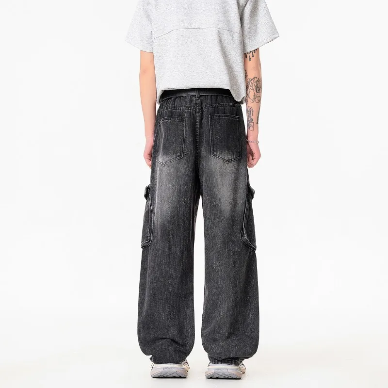 American High Street Loose Straight Leg Cargo Jeans, Black Faded Denim Pants, Men's Casual Streetwear Dark Aesthetic Trousers