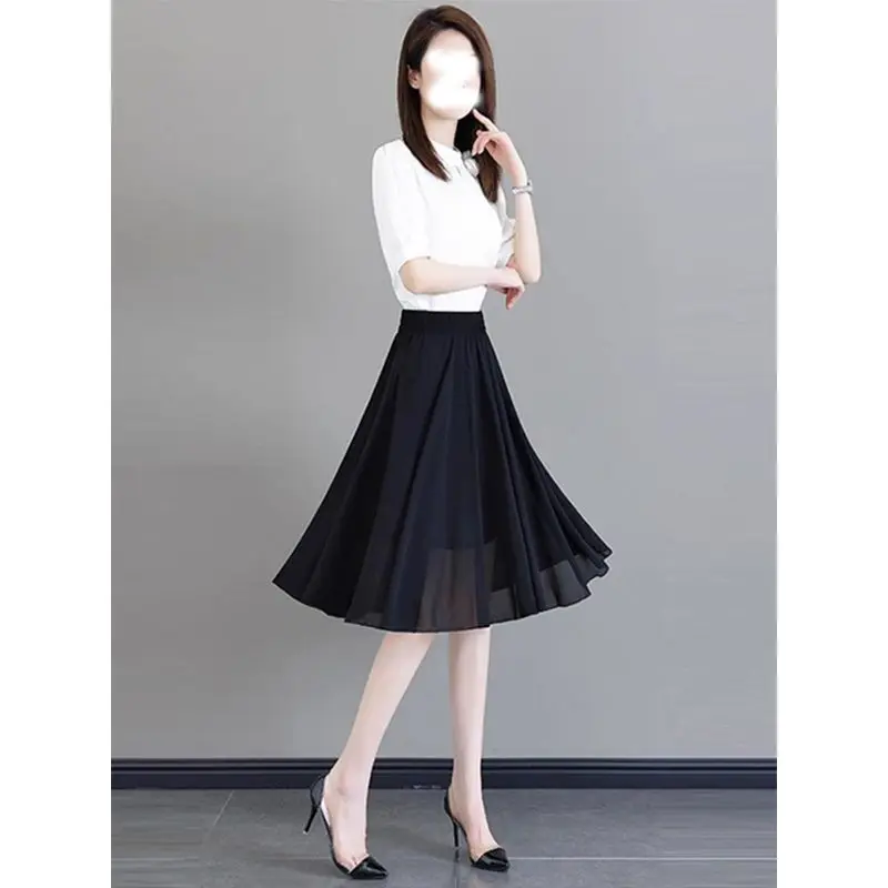 

Chiffon Double Layer Thin Skirt f Body Women's New Summer A-Line Midi Skirt Elastic Waist Pleated Net Umbrella Skirt