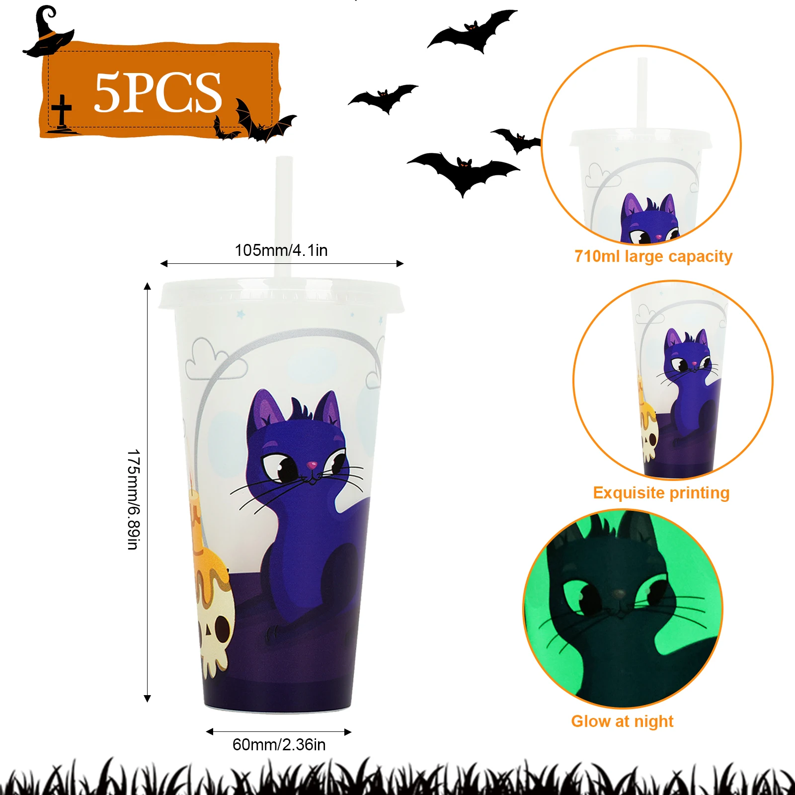 5 sztuk plastikowych kubków na imprezę Halloween, plastikowych kubków ze słomką wielokrotnego użytku 720 ml na Halloween, kubek ze słomką świecącą w