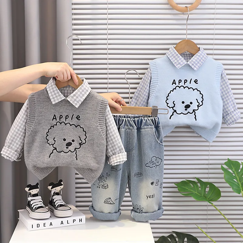 

Весенние комплекты одежды для мальчиков: рубашка в клетку + вязаный топ + брюки, модный дизайн для малышей, набор одежды для мальчиков.