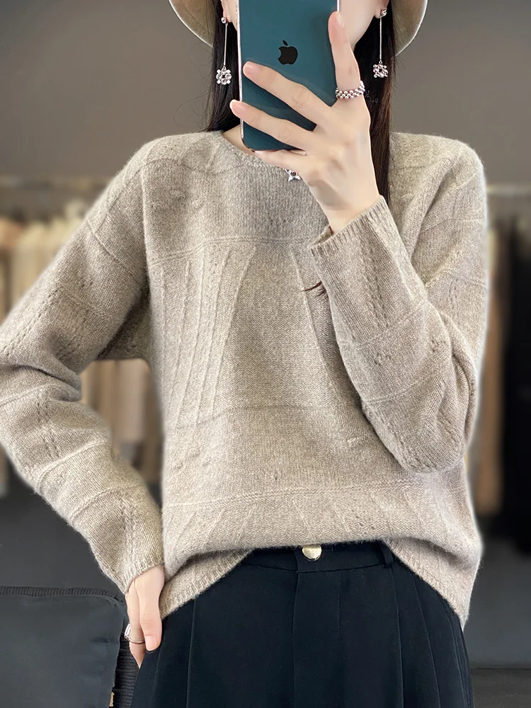 New Chic Women Sweater Autumn Winter Office Lady O-neck Pullover 100% Merino Wool Long Sleeve Cashmere Knitwear Female Clothing