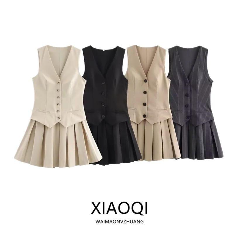 

Autumn Winter Women's Faionable Stripe Vest Dr ort Skirt Wide Pleat Versatile Clothing Commute Sle No Sve Skirt