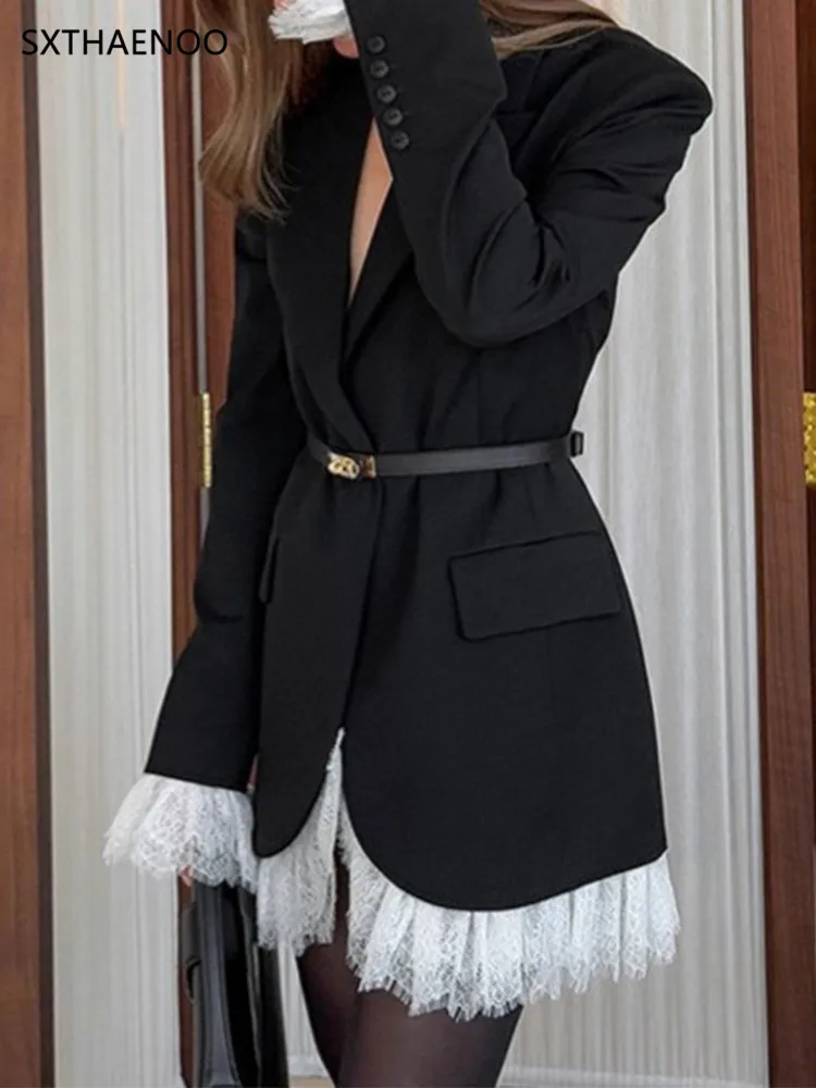 سترة نسائية رفيعة من الدانتيل بزر واحد من IRENE TINNIE فضفاضة بياقة على شكل حرف v وأكمام طويلة وسادات كتف سترة سوداء 2025 ملابس خارجية للسيدات في الشارع