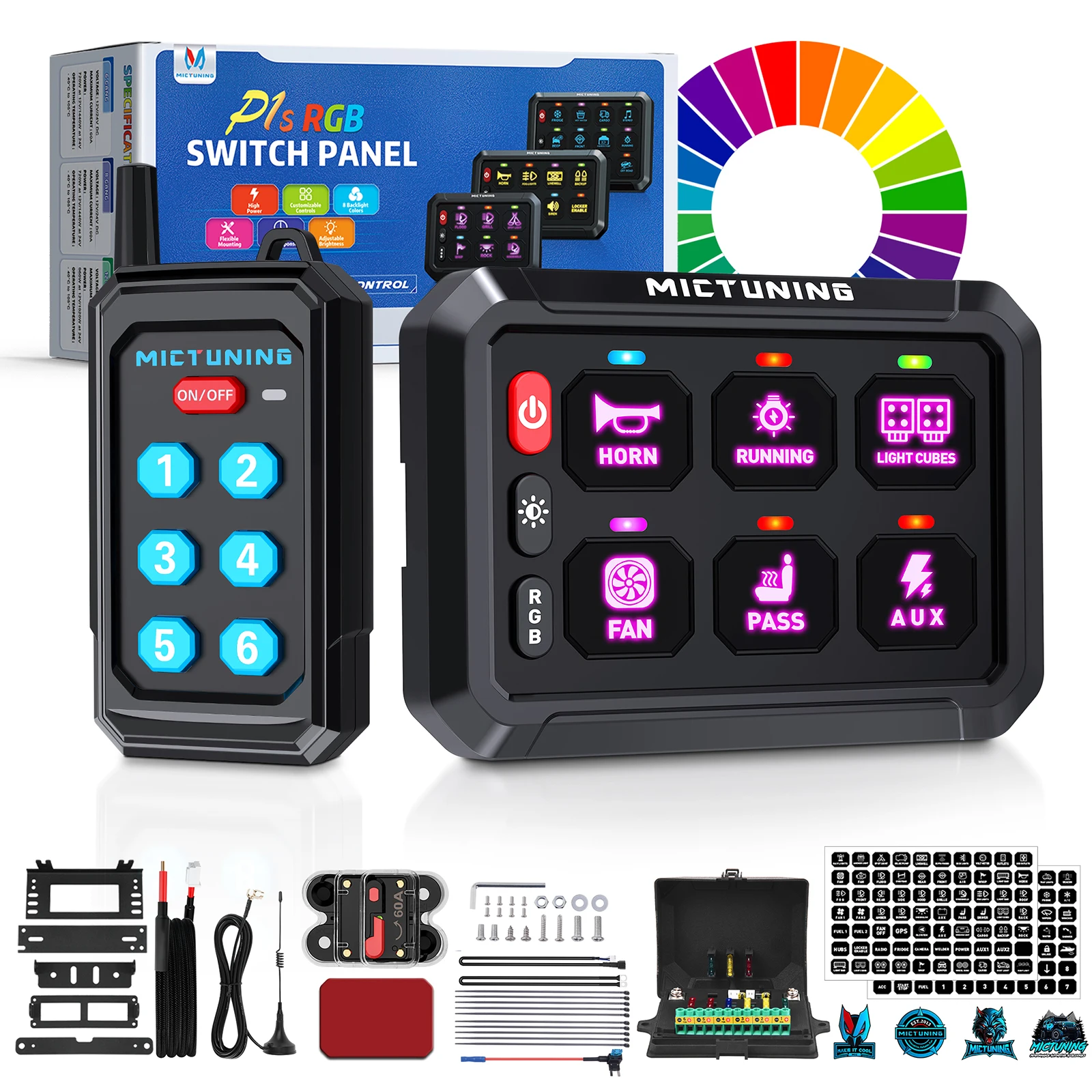 

MICTUNING P1Y RGB 6 Gang Switch Panel with Wireless Remote Control,Momentary Circuit Control Relay System For Car Truck Marine
