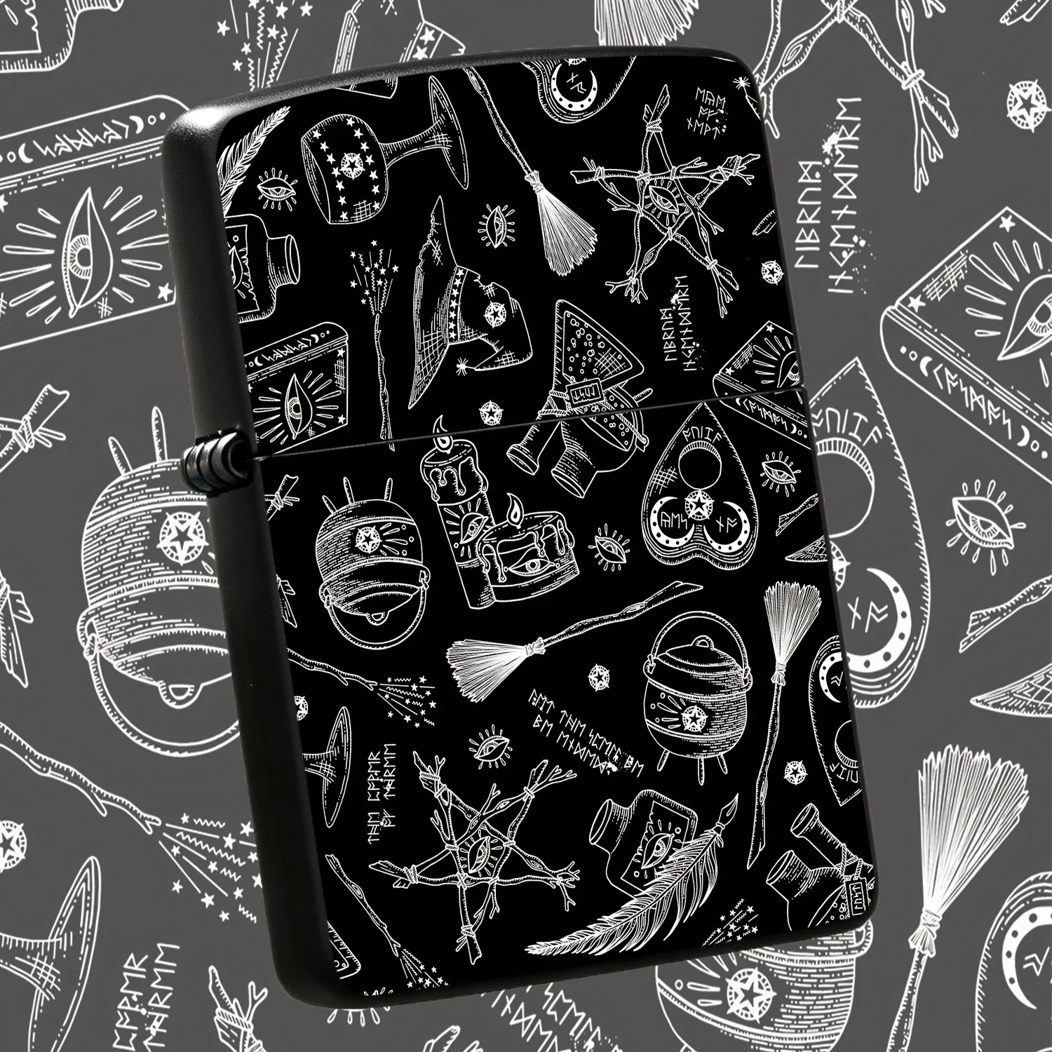 Portable Witchcraft Themed Lighter, Black White Line Art Design With Witch Hat Broom Pentagram Mystical Elements, Sleek Decorative Accessory For Daily Use, Gifting, Party Camping And All Scenarios, Unique Creative Spiritual Pattern Novelty