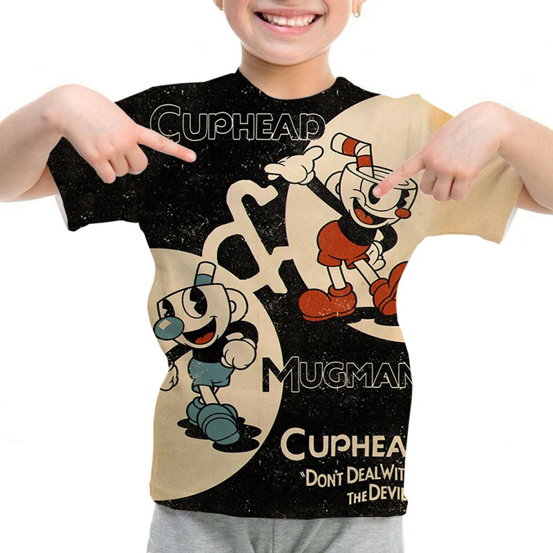 Cartoon Cuphead Mugman Print T-shirts Summer Short Sleeve Tee Tops Children Clothing Kids Anime T Shirt Harajuku Boy Girl Tshirt