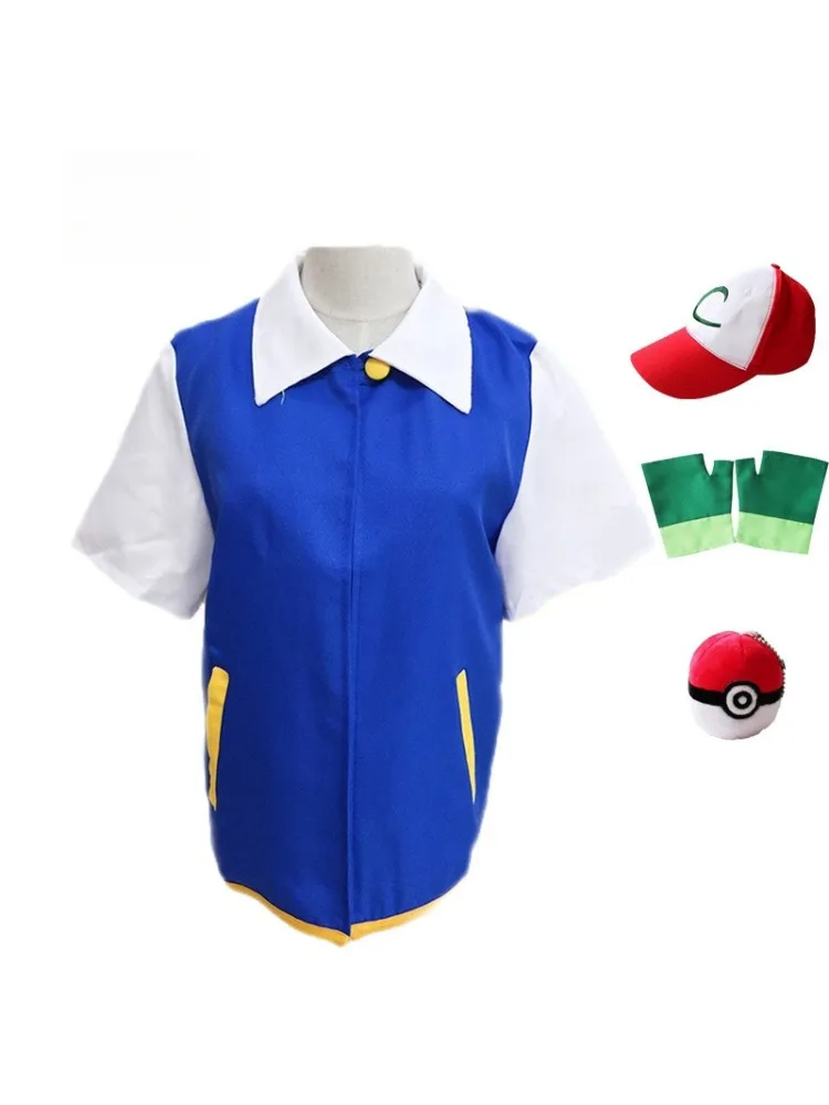 Kostium Cosplay Ash Ketchum dla Dorosłych i Dzieci, Niebieskie Kurtki, Zestawy Rękawic, Figurki Pokemon Anime, Strój na Imprezę Tematyczną, Przebranie do Odgrywania Ról — 2