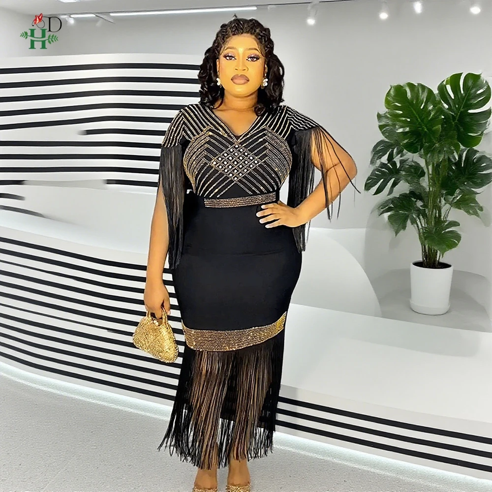 エレガントなアフリカンドレス レディース 新作 高級 ダイヤモンド タッセル Vネック ハイウエスト パッケージ 誕生日パーティー ローブ ミニ ブブ オフィスウェア