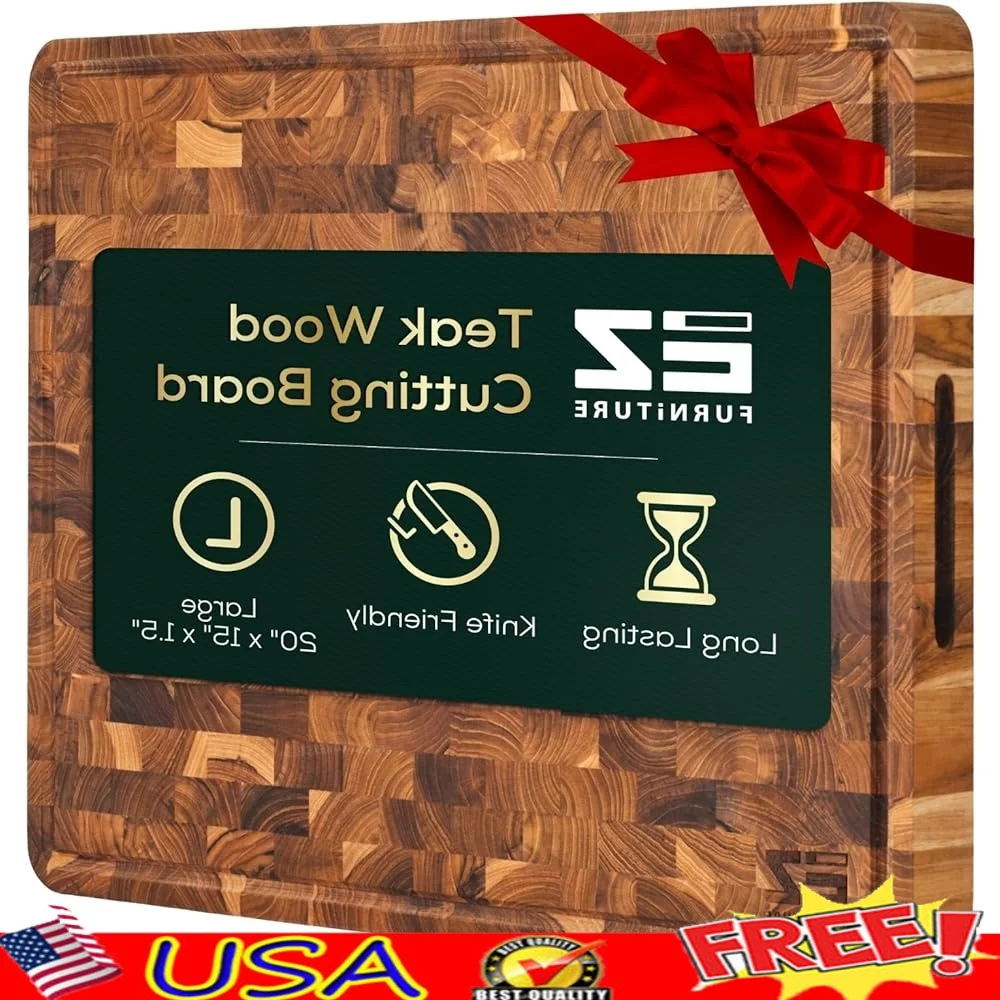 

Teak Wood Cutting Board Juice Groove Handles Knife Friendly Large Butcher Block Multifunctional Serving Tray Perfect Gift Dad