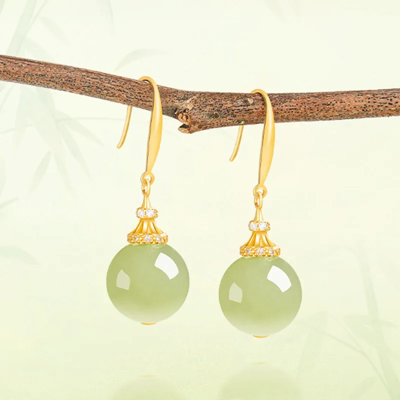 

Аутентичные серьги из серебра S925, инкрустированные натуральным нефритом Хотан, сапфиром, круглые серьги из бисера, модные простые женские ювелирные изделия, Прямая доставка