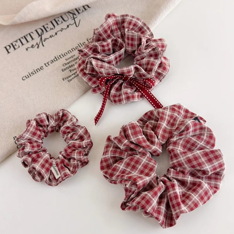 Red Plaid Scrunchies Double Layer High Elasticity Durable Hair Ties for Women Ponytail Holder Vintage Chic Daily Hair Accessory