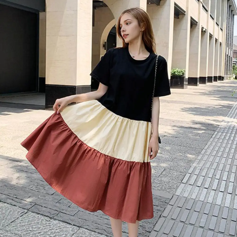 Lightweight Contrast Dress Colorblock Patchwork Pleated A-line Midi Dress for Women Stylish Short Sleeves Round Neck for Wear